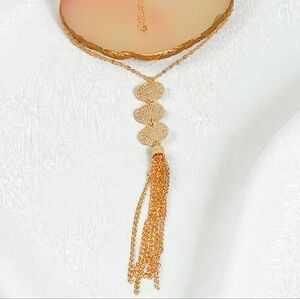 Gold Disc Medallion Charm Necklace With Tassel Modern Retro Glam New Age Grunge